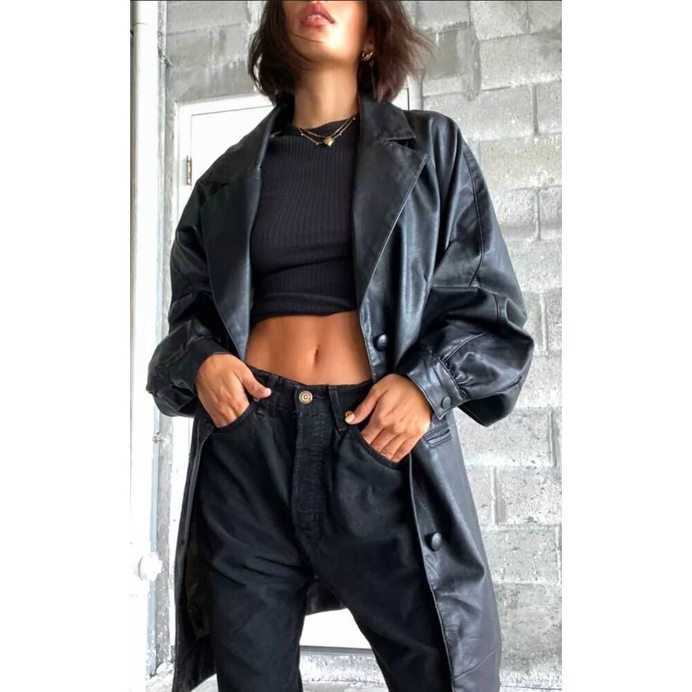 Urban Outfitters Nadia Faux Leather Car Coat Size Medium Black Oversized